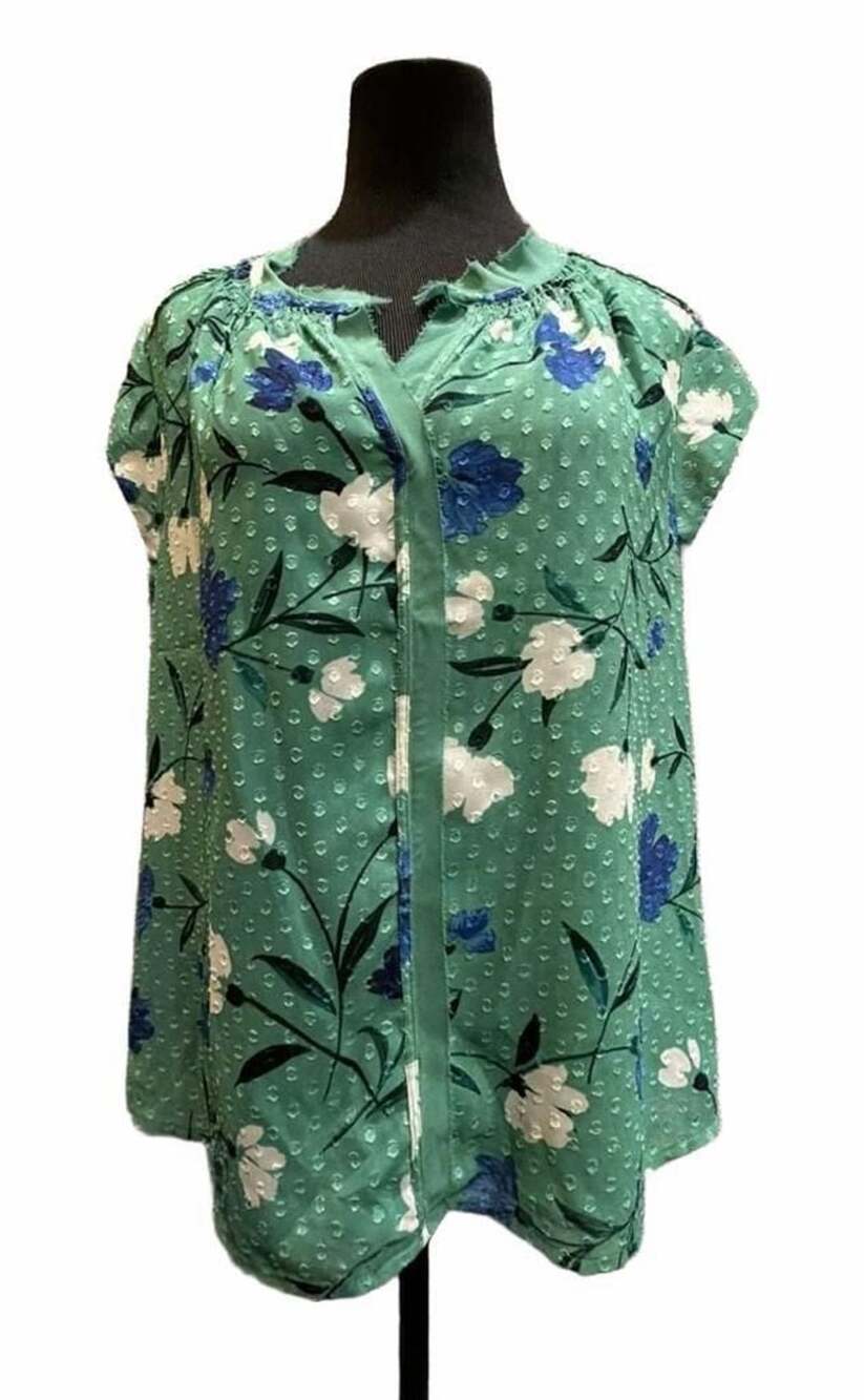 653 Daniel Rainn Floral Blouse Size XL Green Swiss Dot